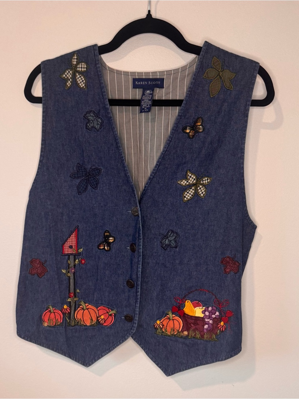 Vintage 90s Karen Scott Denim Vest M Fall Harvest Pumpkin Appliqué